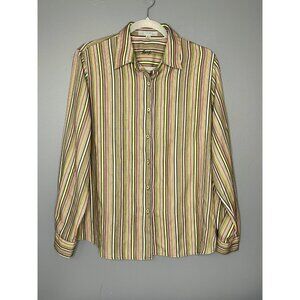 Foxcroft Striped Button Down Shirt Collared‎ Womens 14 Green Pink Wrinkle Free